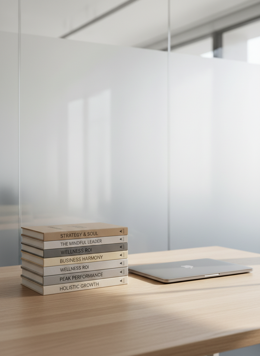 A stack of precisely arranged hardcover business and wellness books, each with neutral-toned spines in soft taupes, greys, and creams, resting on a modern, light oak desk surface beside a closed matte silver laptop. Behind, a frosted glass wall subtly diffuses daylight, creating a well-lit, airy setting typical of a high-end consulting suite. Gentle natural light casts delicate linear shadows, enhancing the crisp edges and layered textures of the books. The mood is focused, professional, and refined, inviting contemplation without distraction. The shot uses a slightly elevated angle and shallow depth of field, drawing attention to the details of the books and laptop while the background softly recedes. The image adopts a photographic, minimalist, and corporate aesthetic, grounding the brand’s expertise in both knowledge and wellness.