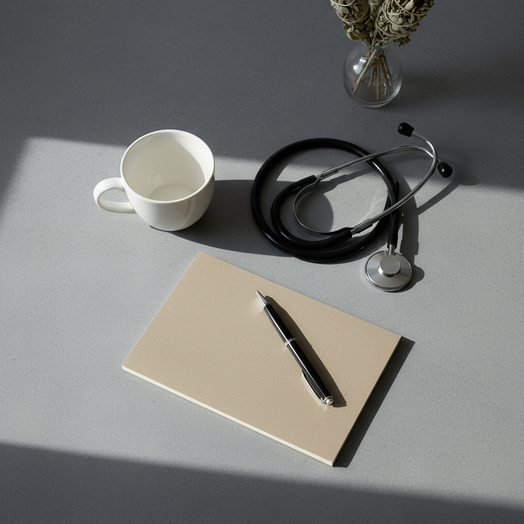 A meticulously organized desktop featuring a smooth white ceramic wellness mug, an elegant matte-black stethoscope with chrome accents coiled neatly beside it, and a slim, taupe notepad aligned at a perfect angle on a slate-grey surface. In the background, a subtle arrangement of dried sage in a minimalist glass vase adds an organic touch. Soft, diffused daylight from a nearby window casts even, gentle illumination across the scene, producing faint, elongated shadows and enhancing the serene mood. The composition is structured with a careful balance of horizontal and vertical elements, shot from a bird’s eye view for maximum clarity and aesthetic order. The overall look is photographic, contemporary, and clean—perfectly embodying a business that fuses medical, psychological, and wellness consulting.